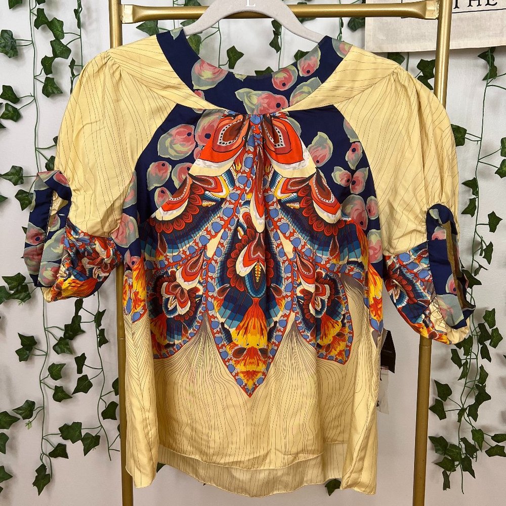 Anna Sui for Anthropolgie 100% silk marigold puff sleeve top.